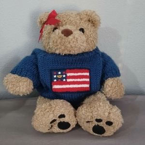 Build a Bear plush curly teddy bear 14"American Flag Removable Sweater & red bow